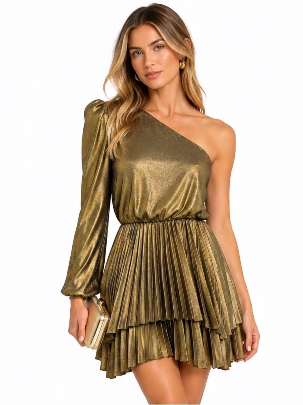 DEREK LAM Yolie Gold Long Sleeve One Shoulder Pleated Mini Dress Size M